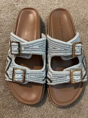 House of Harlow 1960 White Beaded Double-Buckle Slide Sandals